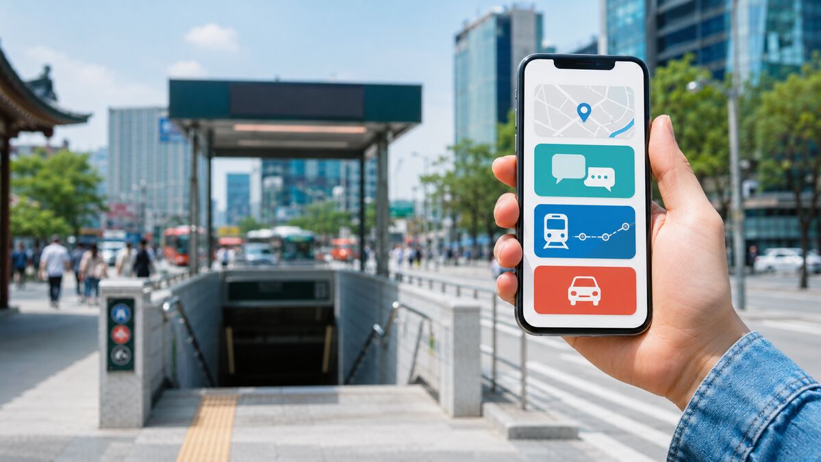 Traveler using navigation, translation, train and taxi apps in Seoul