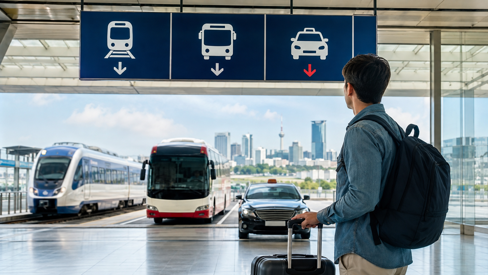 Traveler choosing between airport train, limousine bus and taxi to Seoul
