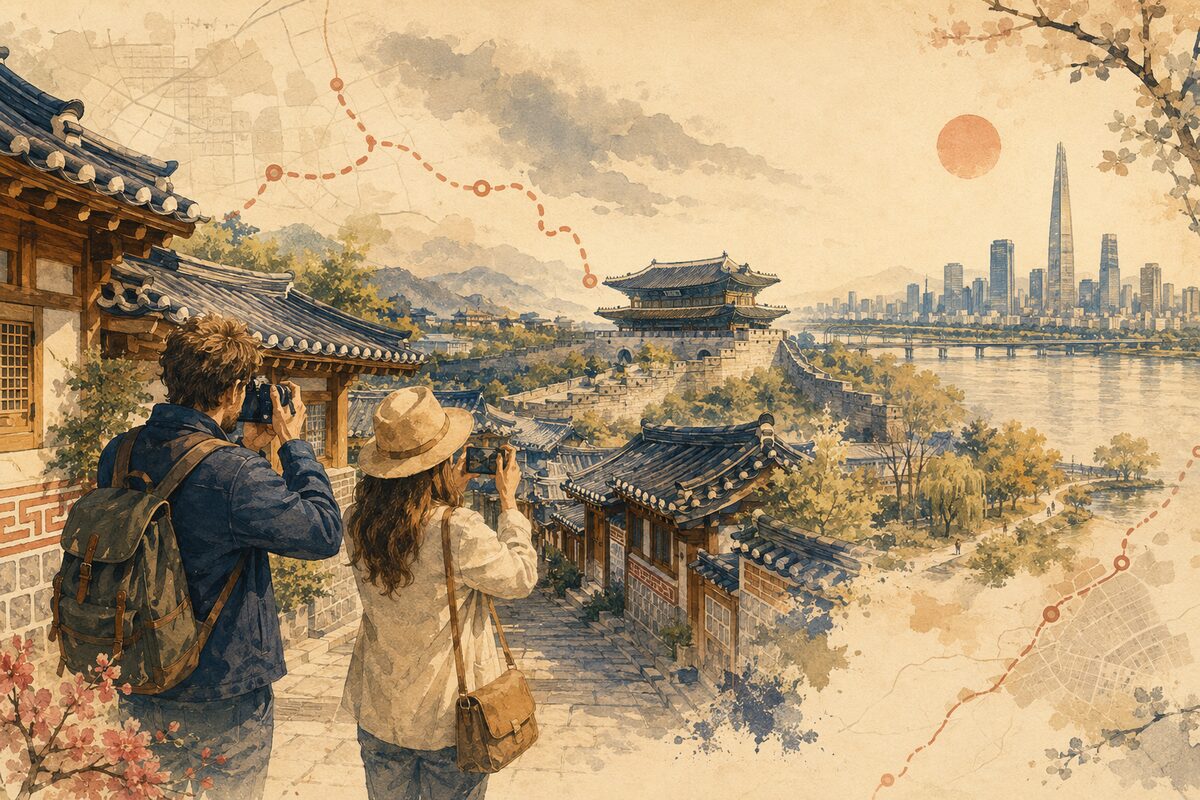Travelers photographing Korean architecture on a filming-location route connecting Seoul and Suwon
