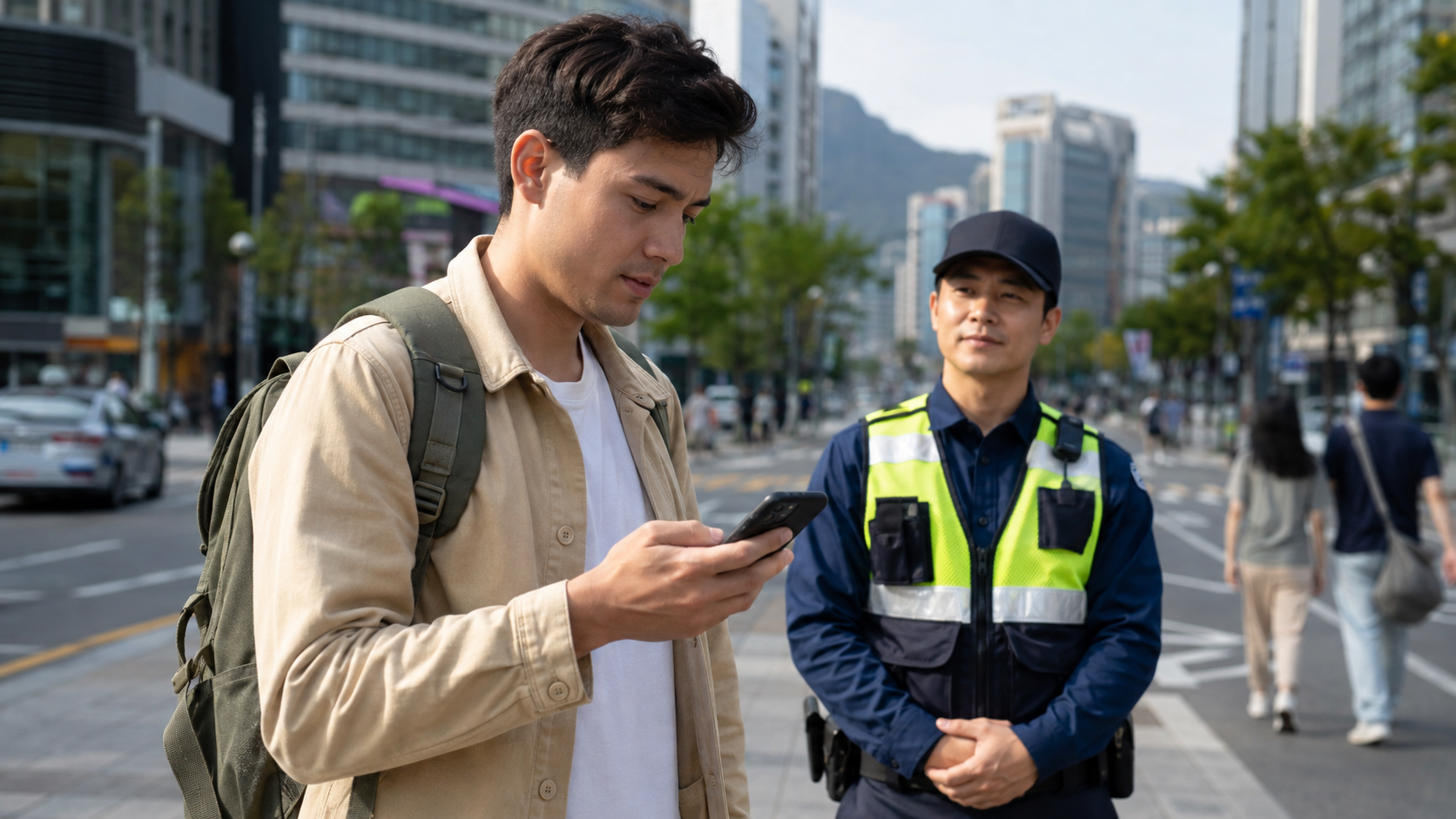 International traveler using a phone near a Korean public safety officer
