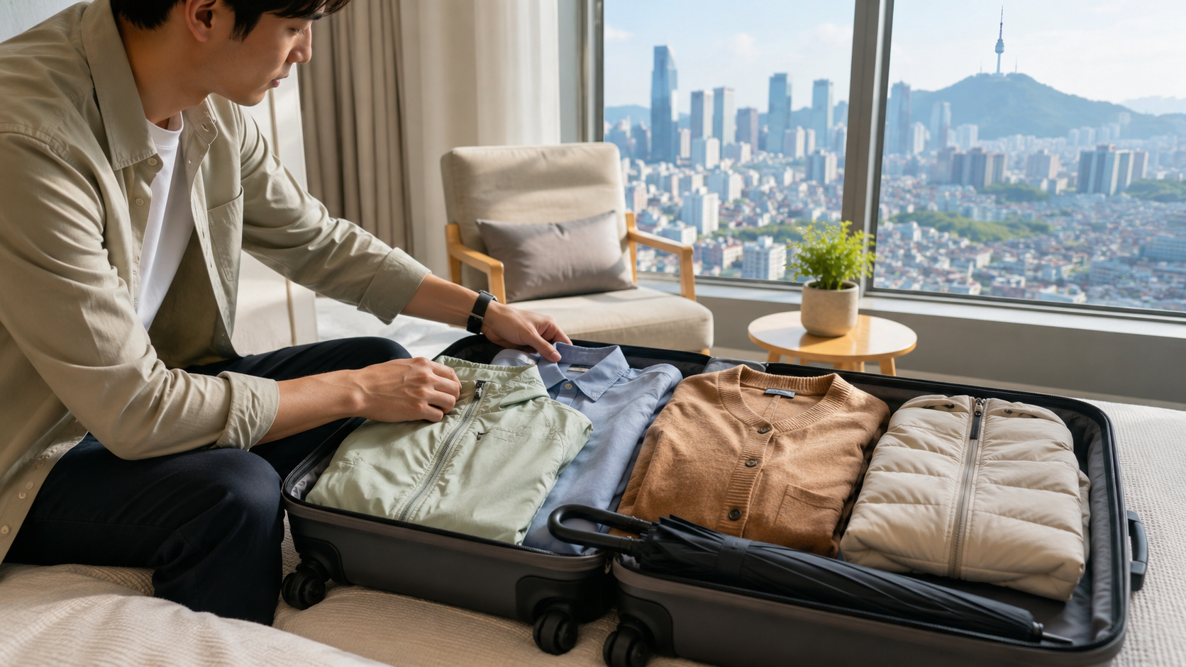 Traveler packing layered clothing and an umbrella for a trip to Korea
