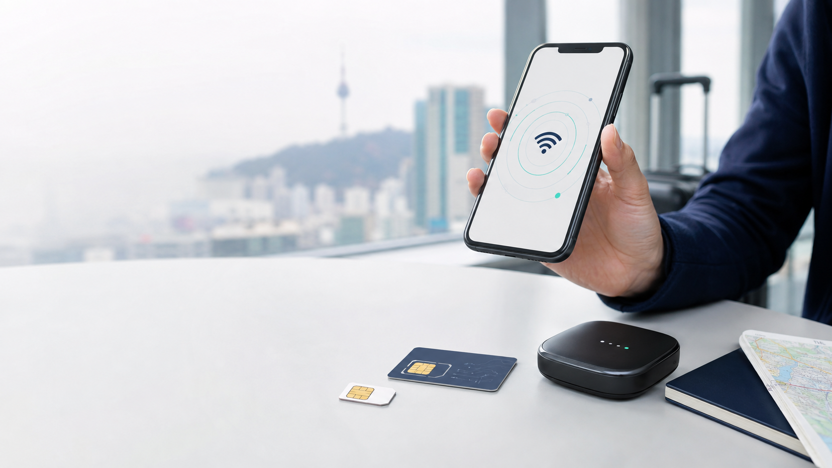 Traveler comparing a physical SIM, eSIM and portable Wi-Fi for Korea