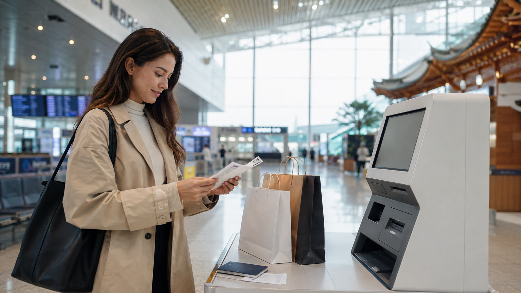International tourist preparing receipts and goods at an airport tax refund kiosk