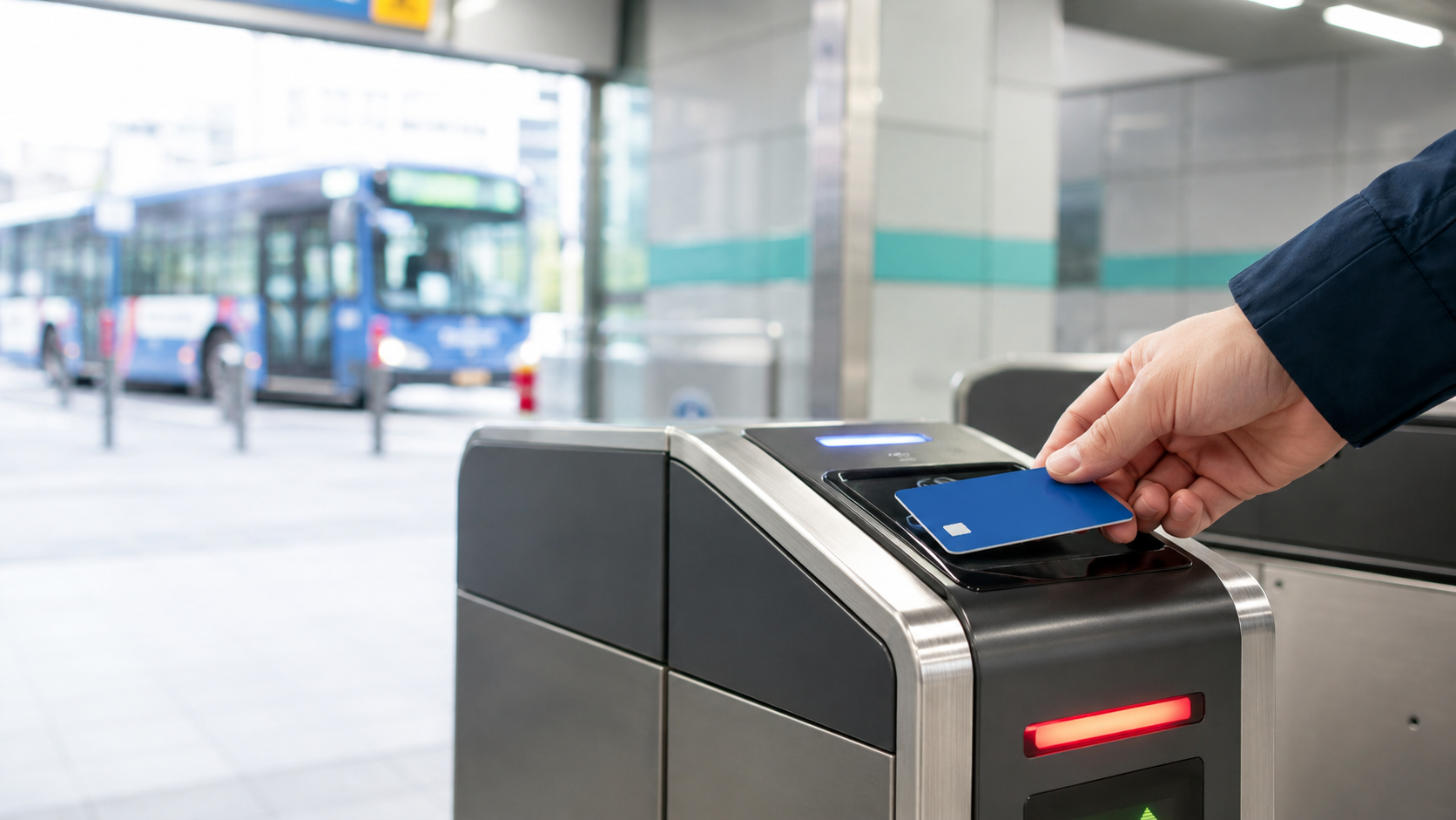 Traveler tapping a transportation card at a Seoul subway gate