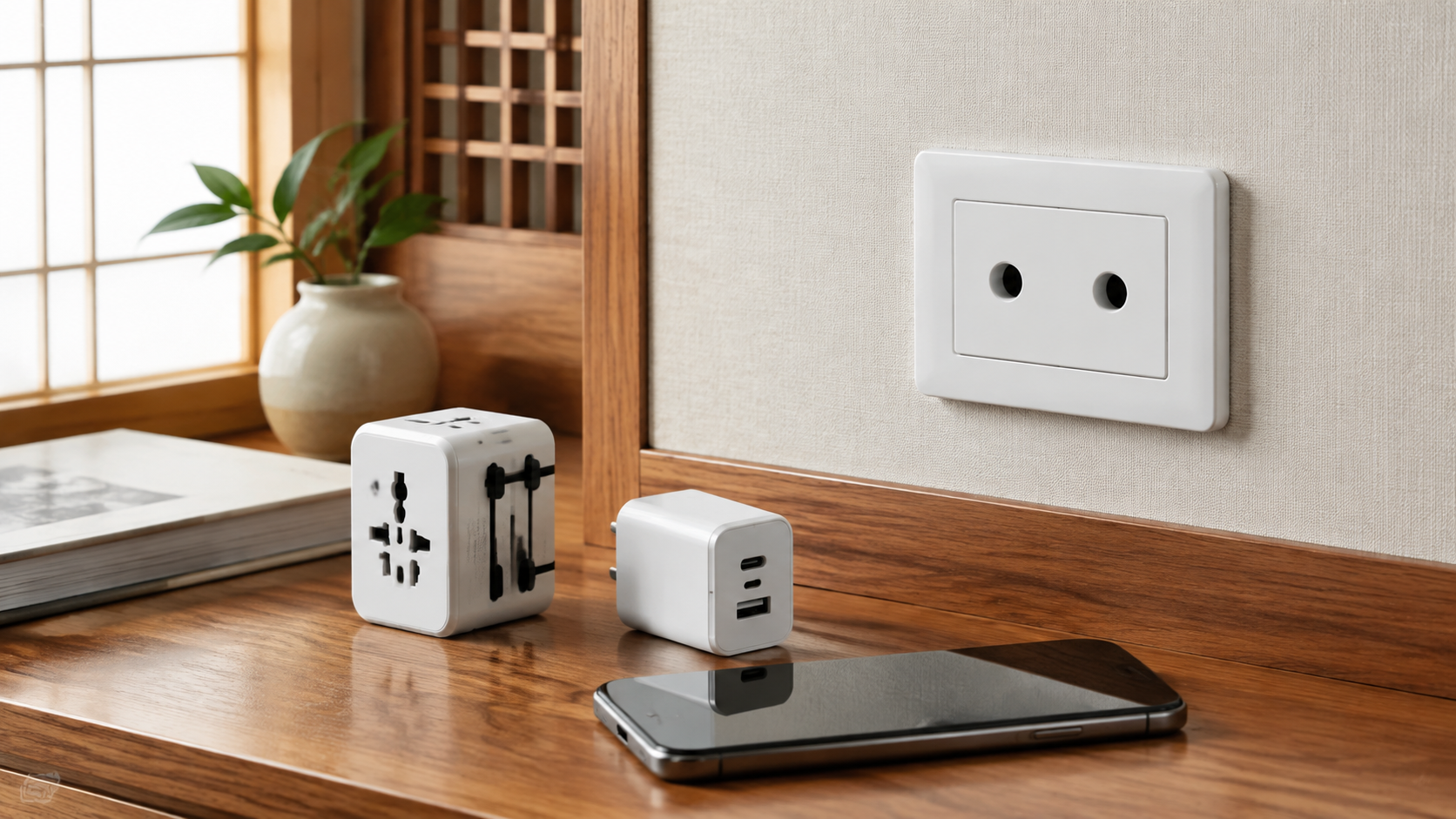 Travel adapter and charger beside a Korean two-round-hole wall outlet