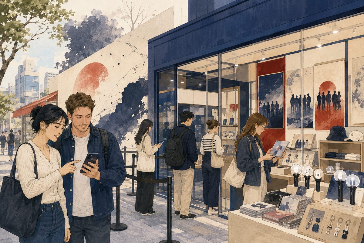 International visitors checking an official event notice outside a K-pop pop-up store in Seoul