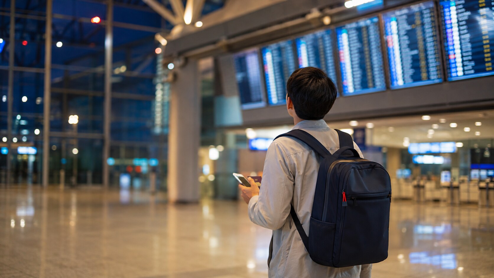 A solo traveler with a backpack checking the departure board at a Korean international airport
