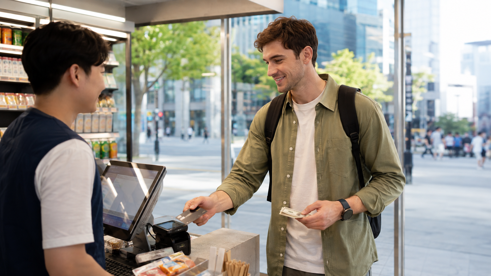 International traveler paying by card while carrying Korean won as backup