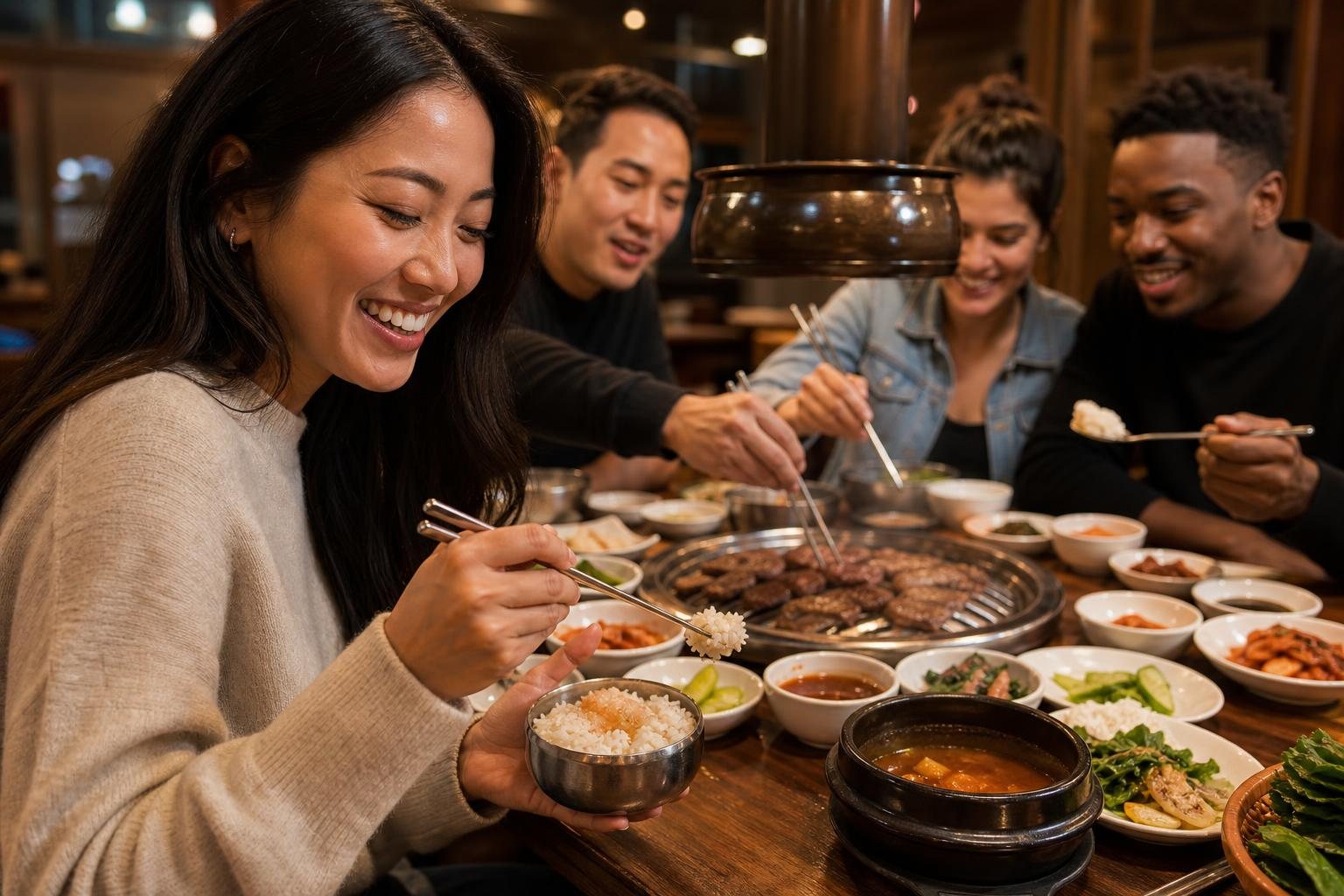 Friends sharing a Korean barbecue meal at a restaurant table with grilled meat, rice, soup, and side dishes